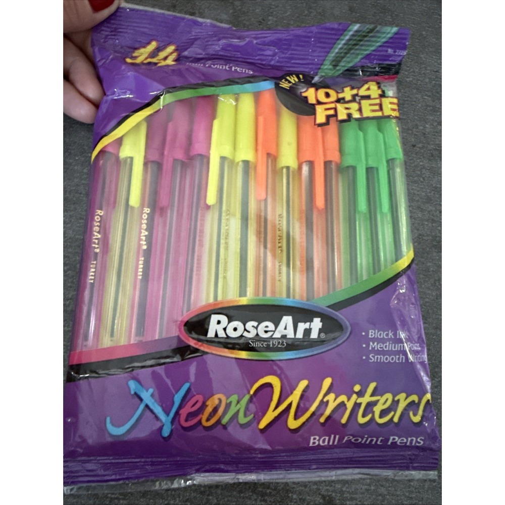 Vintage Roseart Neonwriters Pens Stick Neon 90s Black Medium Ballpoint USA 14 Pk